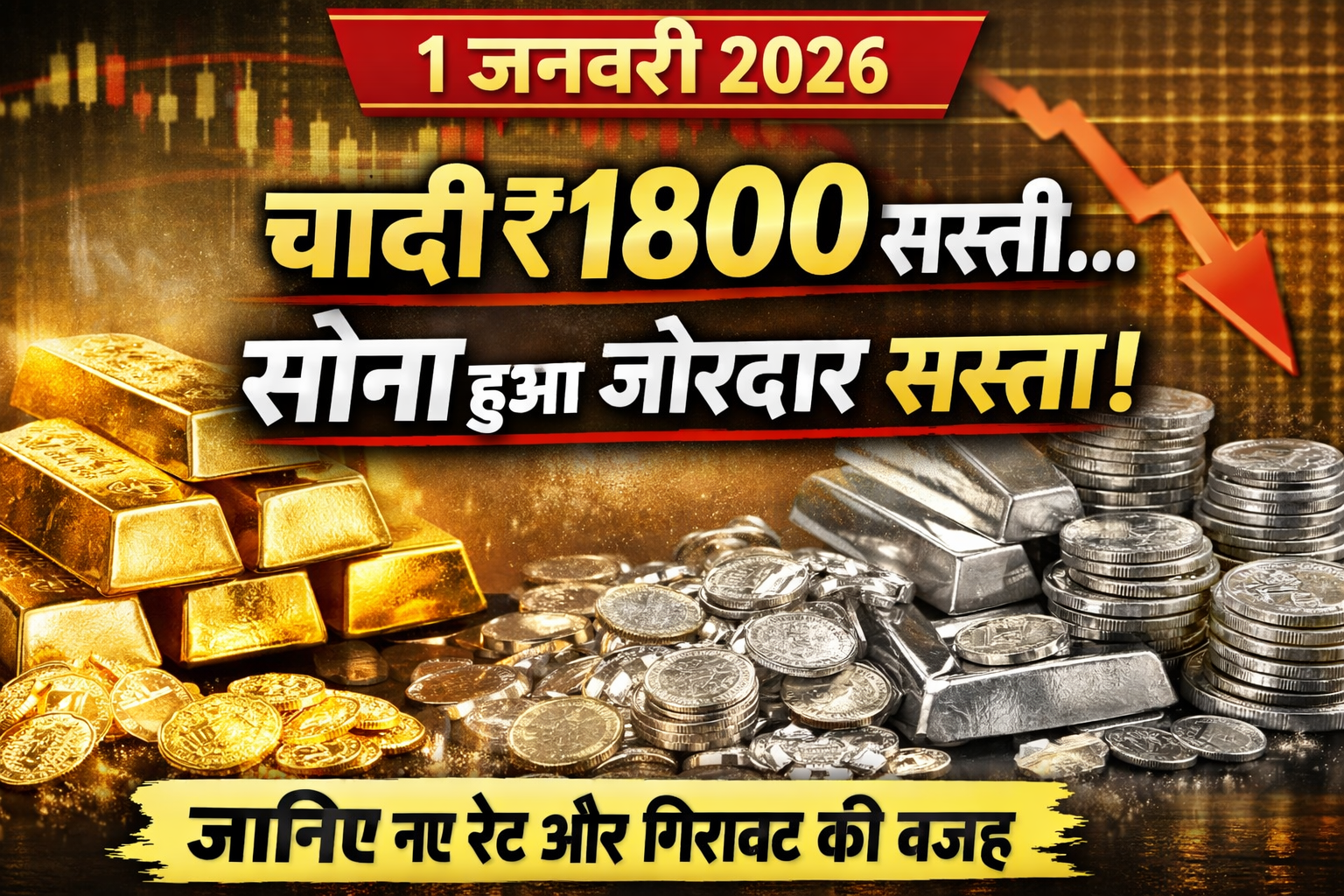 Gold Silver Price Today: नए साल के पहले दिन चांदी ₹1800 सस्ती, सोना भी टूटा | 1 जनवरी 2026 रेट
