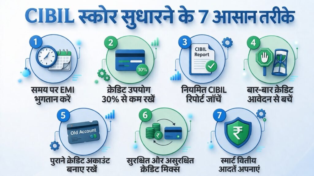 CIBIL Score कैसे सुधारें? 2026 में स्कोर बढ़ाने के 7 आसान तरीके