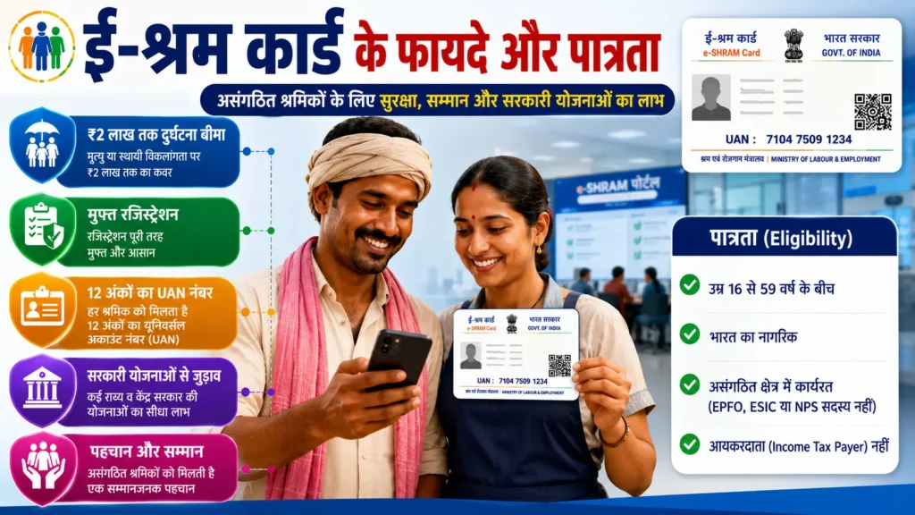 e-Shram Card Benefits 2026: ई-श्रम कार्ड के फायदे, पात्रता और रजिस्ट्रेशन